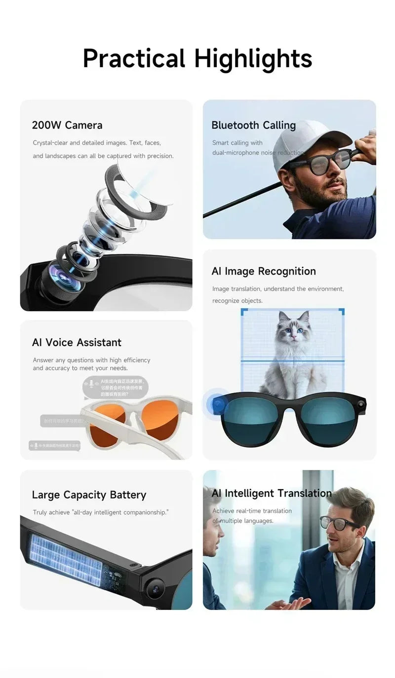 Lenovo Smart AI Glasses 800W Pixels HD Color Changing Chat Translate Camera Bluetooth Call Voice Assistant Music Control Glasses