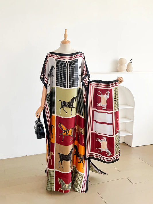 Elegant Printed Silk African Shawl Summer Fashion Long Hijab Kaftan Dress Oversize Muslim Lady Kuwait Abaya Scarf for Women