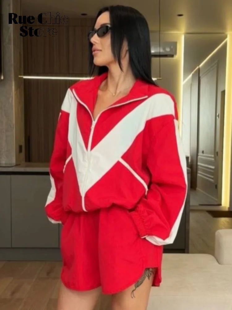 Chevron Stripe Windbreaker Tracksuit Women Casual Zip Cropped Jacket Contrast Trim Shorts Suit Lady Daily Jogging Street Outfit