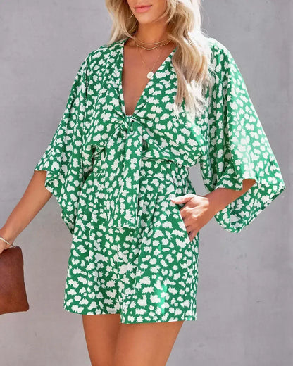 Summer Print Jumpsuit Women Rompers Sexy V Neck Short Sleeves High Waisted Wide Leg Shorts Trousers Casual Loose Jumpsuit Y2k