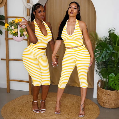 Striped Print Neck Hanging Vest Top, High Waist Tight Fitting Cropped Pants Two-Piece Set