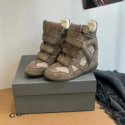 Women's Ankle Boots 2026 New Genuine Leather 8CM Hidden Heel Women Platform Sneakers Fashionable Splice Color Design Women Shoes