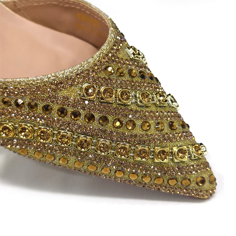 2025 Shiny Italian Fashion Pointed Toe Women Heel Fashion Rhinestone Decoration Fuchsia Color Shoes And Bag Set