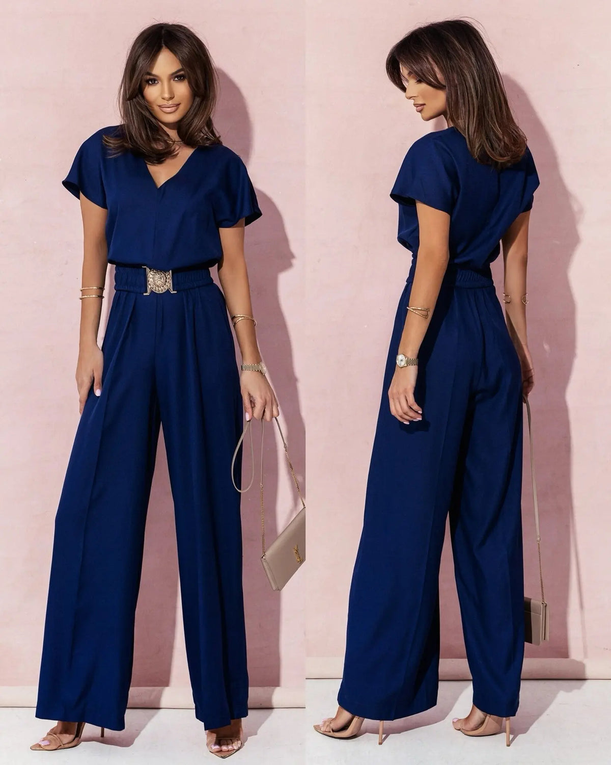 Fashion V-neck Short Sleeve High Waist Jumpsuit Women 2026 Summer Solid Wide Leg Elegant Romper Vintage Jumpsuits Overalls Women