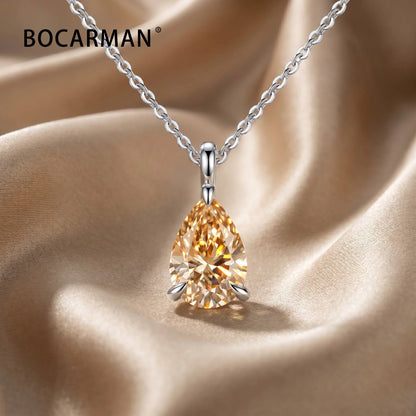Bocarman Colorful Pear Moissanite Pendant on S925 Silver Chain GRA Iridescent Teardrop Whimsical Enchanting Gift
