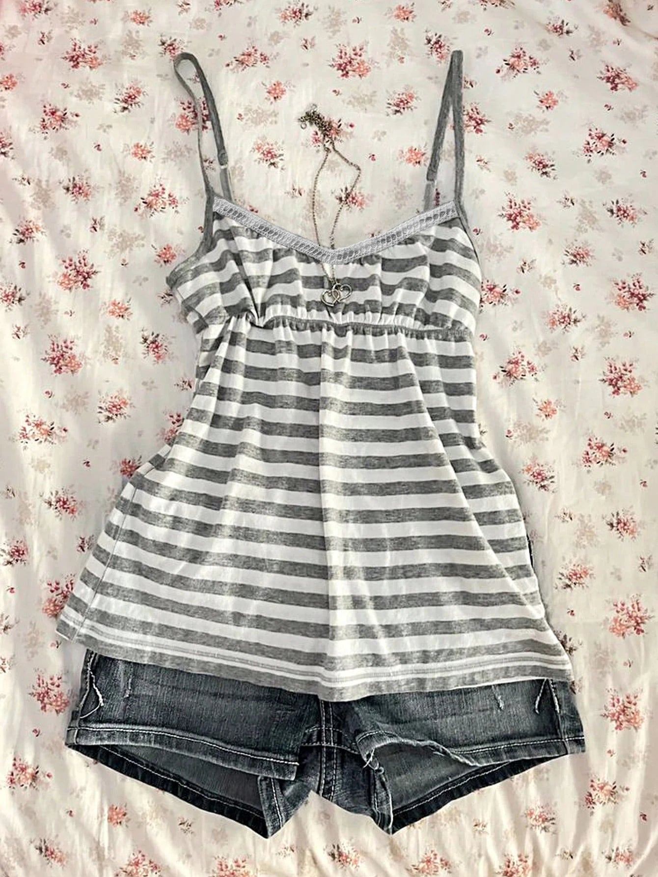 Women's Summer Retro Y2K Striped Vest, Lace Trim Neck Cami Top
