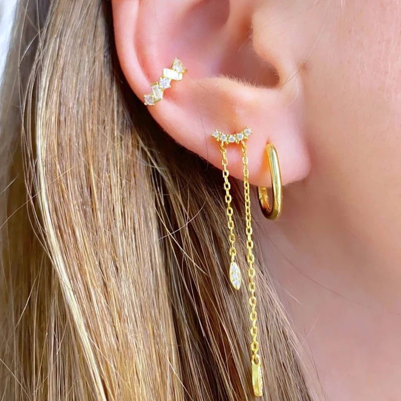 925 Sterling Silver Needle Long Chain Stud Earrings For Women Exquisite Zircon Geometric Tassel Pendant Earrings Luxury Jewelry