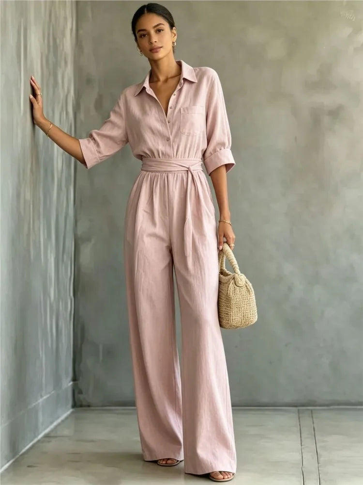 Women's Mid-sleeve Shirts Jumpsuits Spring Summer New 2026 New Fashion Elegant Waisted Lace-up Wide-leg Trousers Female Rompers