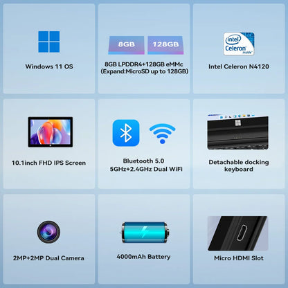 Adreamer 2-in-1 Laptop 10.1 Inch Portable Tablet PC 1280x800 IPS Win 11 OS Intel N4120 8GB & 128GB For Student Daily Business