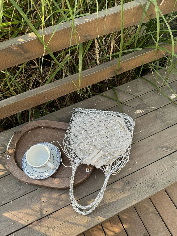 Hylhexyr Ins New Solid Color Gold and Silver Thread Handmade Weaving Bag Bucket Shaped Fashion Handbag Beach Bags