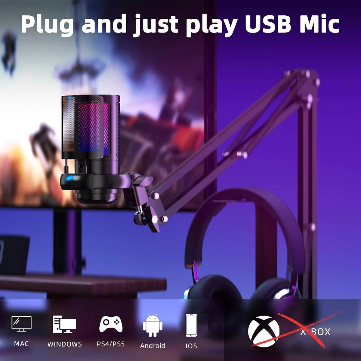 USB Condenser Gaming Microphone Kit,Cardioid Mic with Adjustable Boom ArmRGB Light,Plug‑Play for PC PS4 PS5 Streaming Podcast