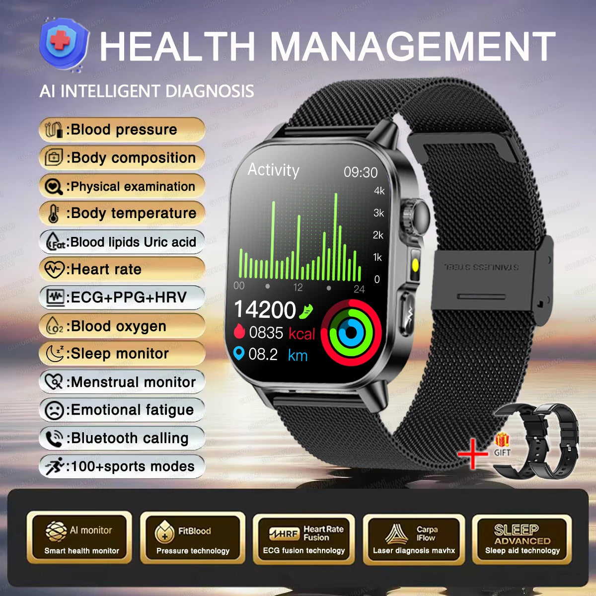 2026 Original Women Health Accurate Diagnosis Smart Watch ECG+HRV BP Blood Oxygen Uric Acid Heart Rate Bluetooth Call Smartwatch