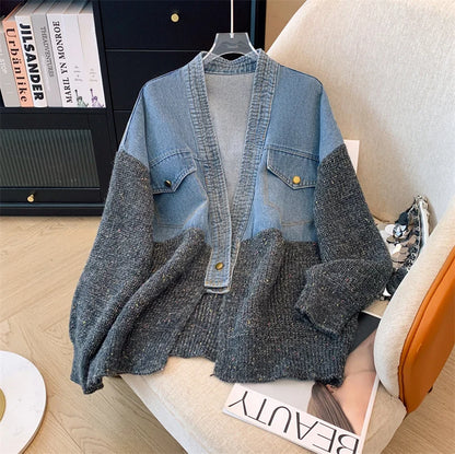 Fat mm200 Pounds Vintage Denim Patchwork Sweater Coat ins Fashion Woman 2024 Autumn and Winter Thickened Loose Niche Cardigan