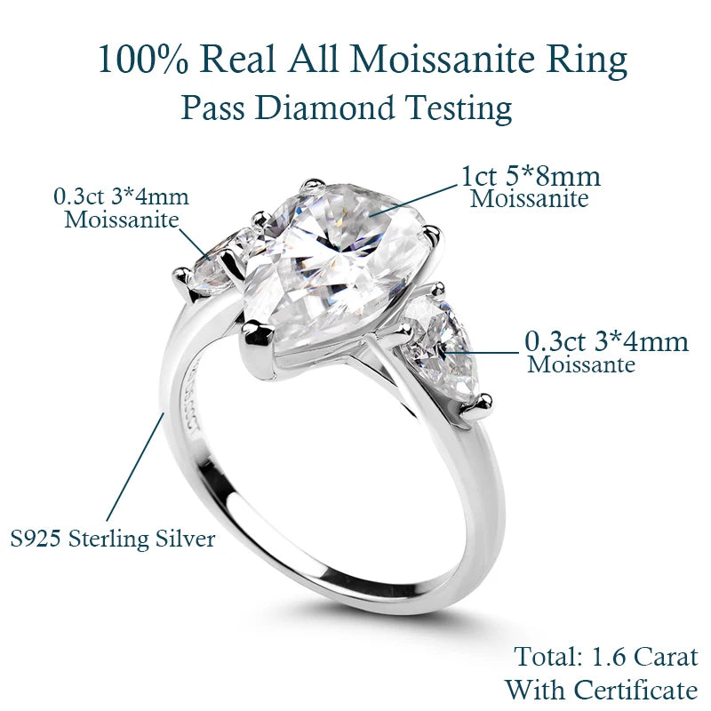 1-5CT Pear Cut Miossanite Ring Certified 925 Sterling Silver Plated 18K D VVS1 Lab Diamond Wedding Engagement Band for Women
