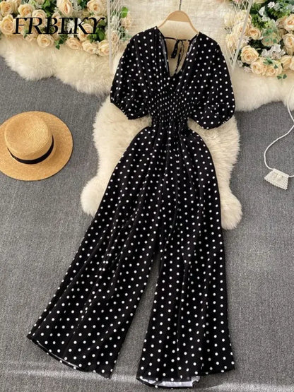 Jumpsuit Women Summer New Temperament Polka Dot V-neck High Waist Casual Wide Leg Jumpsuit Elegant Party One Piece Jumpsuits