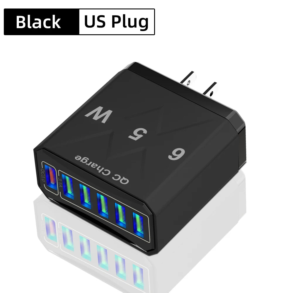 6 Ports USB Charger Fast Charging QC3.0 Travel Charger For iPhone17 16 Samsung Xiaomi Vivo Mobile Phone Adapter EU US UK Plug