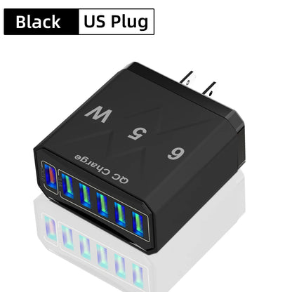 6 Ports USB Charger Fast Charging QC3.0 Travel Charger For iPhone17 16 Samsung Xiaomi Vivo Mobile Phone Adapter EU US UK Plug