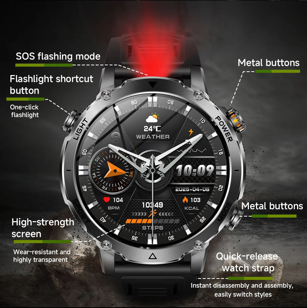 Brand+1400mAh Big Battery Smartwatch Men 1.7" AMOLED 200-Day Standby Swim Diving Waterproof GPS Military Tactical SOS 100 Sports