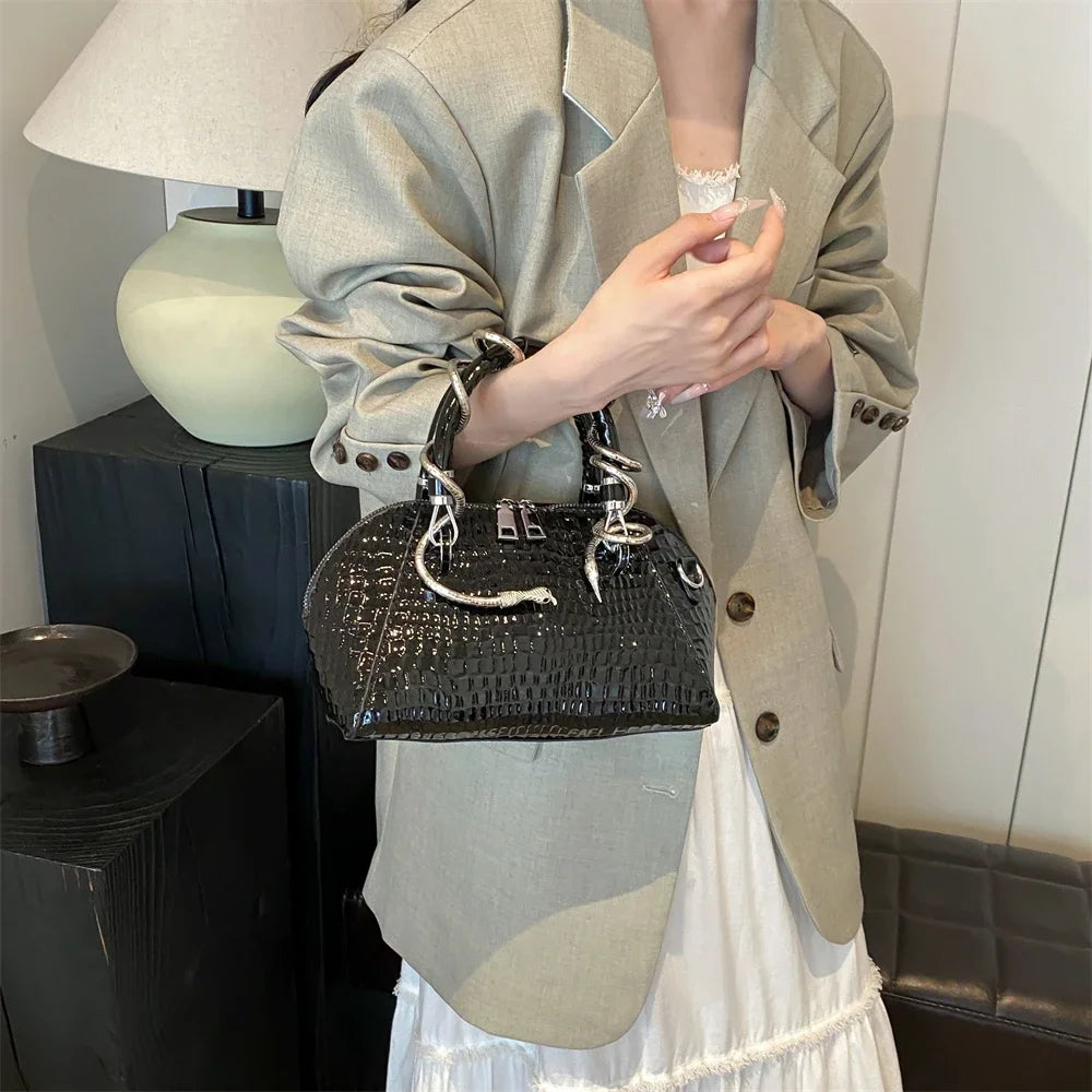 Crocodile Pattern Top-handle Shell Bag With Snake Hardware Wild Shoulder Crossbody Handbags MOODS Designer Luxury Bags For Women