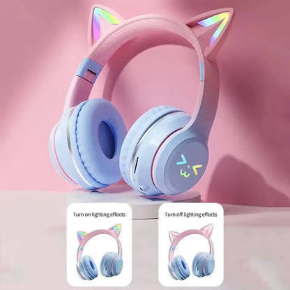 GRB Glow Gaming Headset Gamer Stereo Bass Cat Ear Wireless Earpods Bluetooth Earphones TYPE-C Cable Headphones Blutooth Handfree