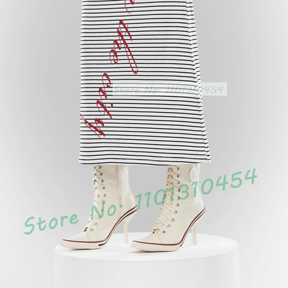 White High Heel Canvas Ankle Boots Women Front Cross-tied Pointy Toe Shoes Side Zipper Sexy Girls Sporty Casual High Top Booties