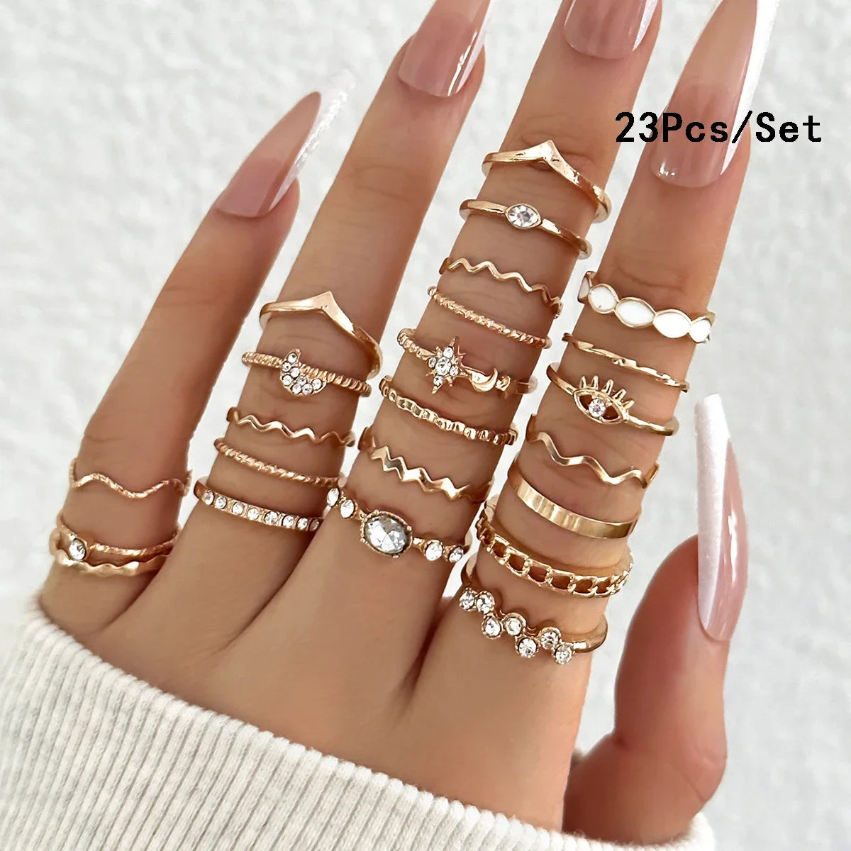 28Pcs Fashion Geometric Knuckle Rings Set For Women Crystal Heart Gold Silver Color Rings Girls  Party Jewelry Accessories