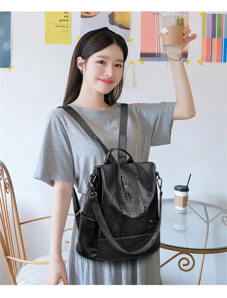 Women's Crocodile Pattern Backpack Leather School Bookbags for Girls Bagpack Large Capacity Designer Travel Rucksack Mochilas