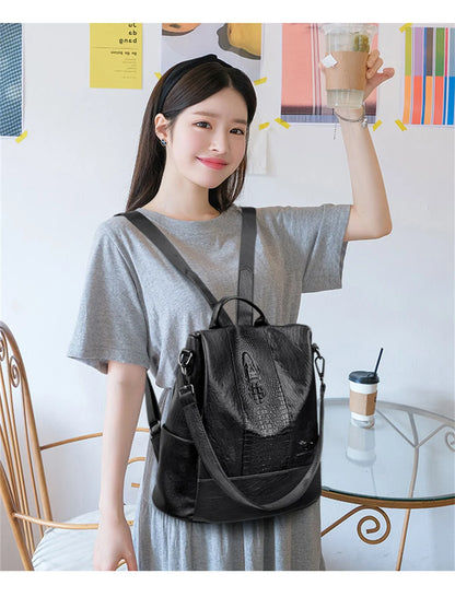 Women's Crocodile Pattern Backpack Leather School Bookbags for Girls Bagpack Large Capacity Designer Travel Rucksack Mochilas