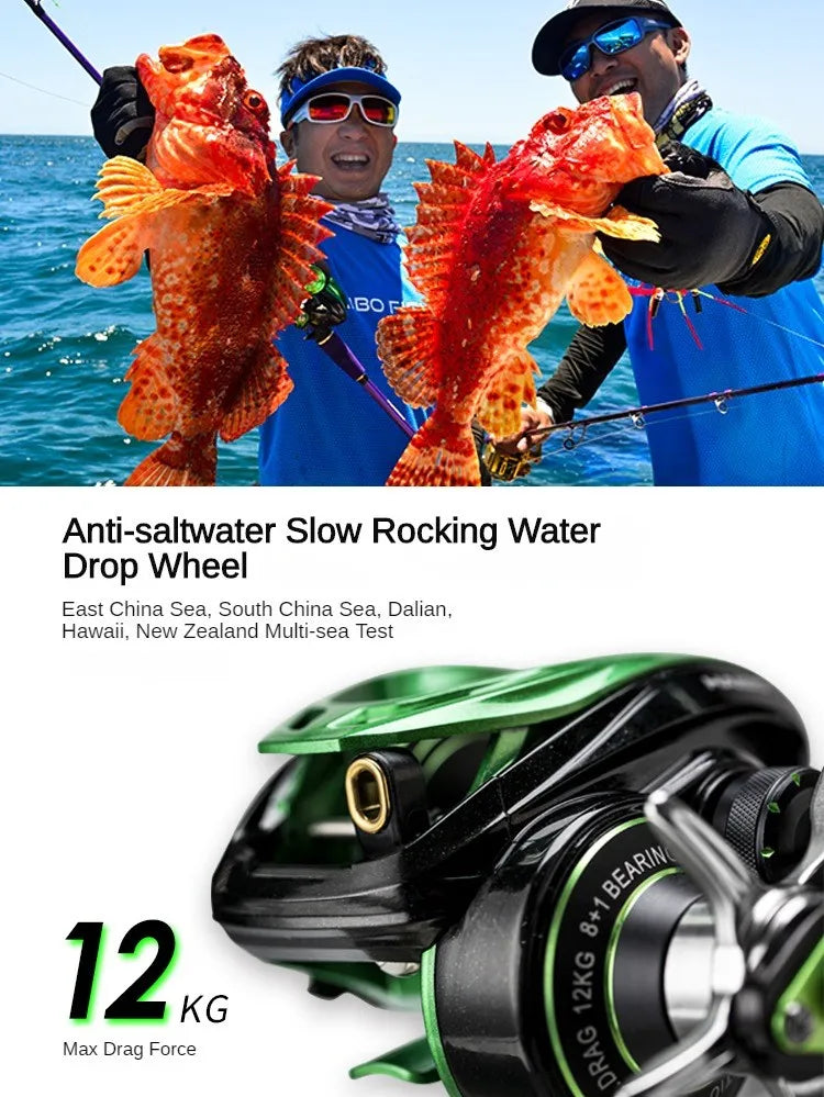 HAIBO VENOM Anti-saltwater Fishing Reel Deep Sea Iron Plate Baitcasting Reel 8+1BB Water Drop Wheel Max Drag 12KG