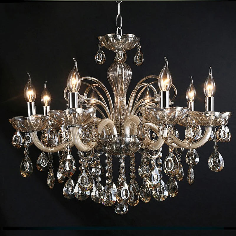 New Modern Candle Cognac Color Crystal Chandelier Living Room Large Light Atmosphere Restaurant Bedroom Lobby Hotel Hanging Lamp