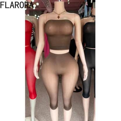 FLARORA Sexy Mesh See Through 2 Piece Sets Woman Strapless Sleeveless Crop Tops And Skinny Capri Pants Midnight Party Club Suits