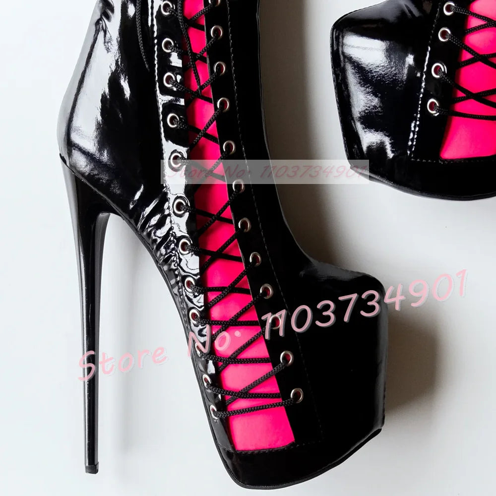 Platform Knee High Stiletto Boots Women Pink Splicing Round Toe Lace-Up Shiny Leather High Heels Boots Female Sexy Slim Boots
