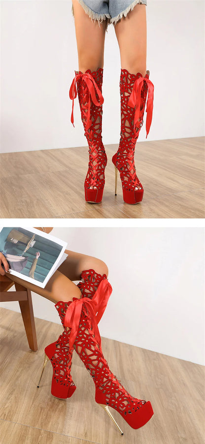 16CM Ultra Thin High Heels Sexy Nightclub Hollow Out Over The Knee Boots Women Peep Toe Lace-Up Zip Platform Shoes Sandals