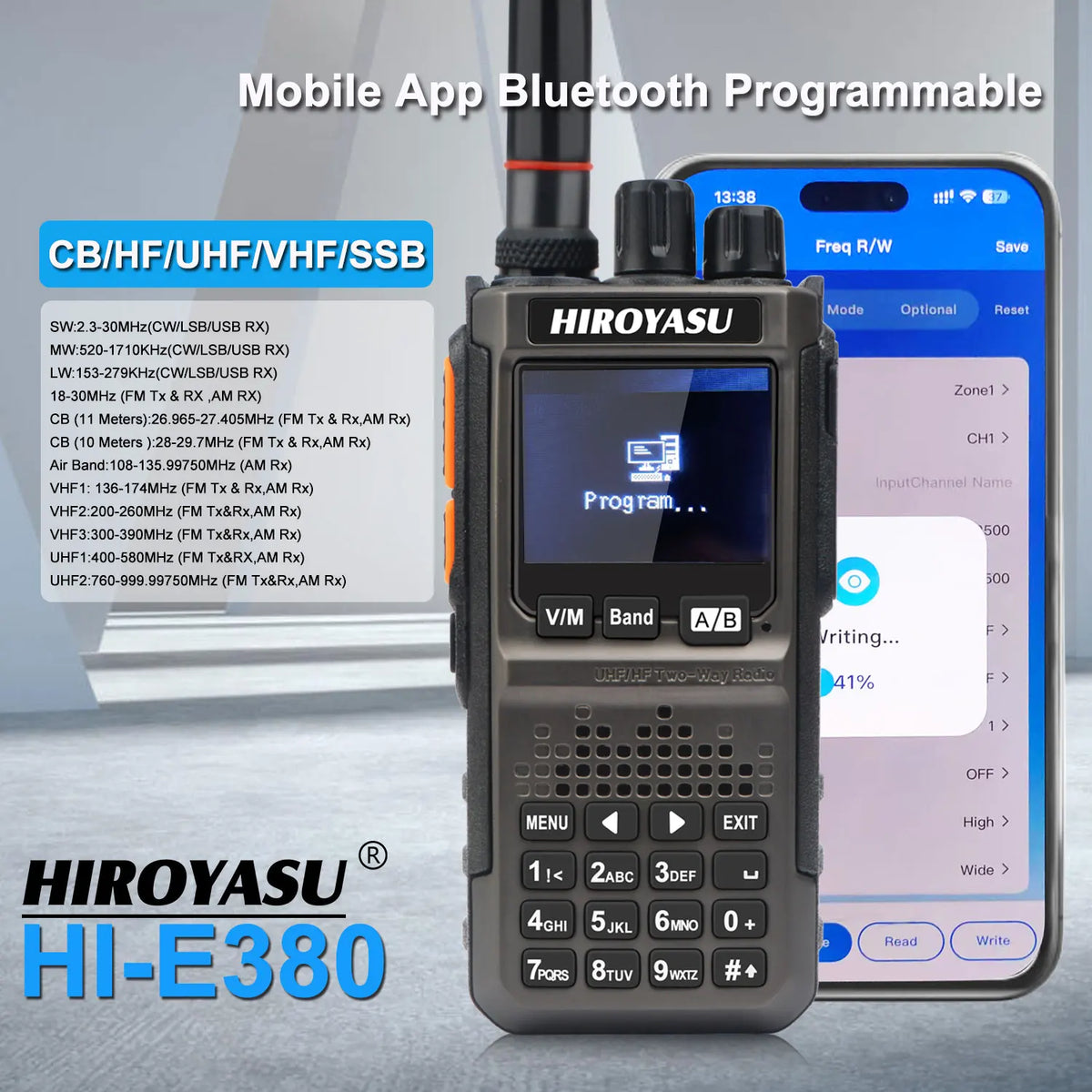 HIROYASU HI-E380 CB HF Aviation VHF UHF SW MW LW Shortwave Full Band FM AM SSB CW BT Program NOAA 10W Amateur Walkie Talkies