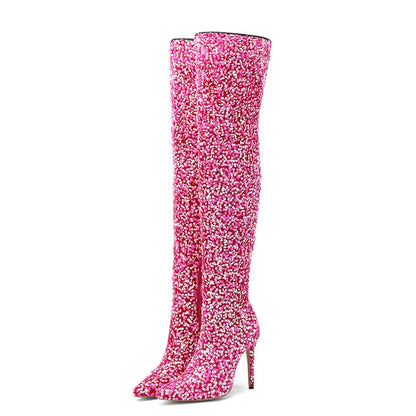 Over-the-Knee Boots for Women Pink Sequins Point Toe Boots Thin High-heeled Purple Thigh Long Boots Sexy Zip Heels Stiletto Shoe