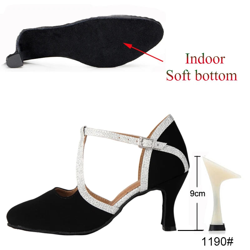 New Latin Dance Shoes Ladies Salsa Tango Ballroom Party High Heels Black Silver Summer Closed Toe Women's Shoes Dancing Shoes