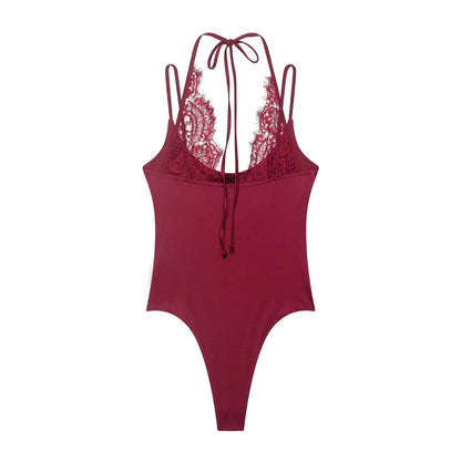 Women's Jumpsuit 2026 Spring New Solid Color Halter Neck Lace Splice Sexy Slim-Fit Romper Personalized Fashion