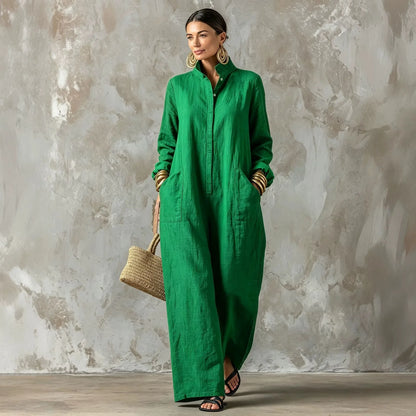 Women's Spring Autumn Long Sleeved Jumpsuit With Pockets Simple Solid Button Half Open Design Loose Jumpsuits Ladies Casual Wear