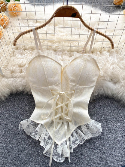 Coquette Lace Lingerie Set Sexy Mesh Bodysuit Valentines Day Sleepwear Gothic Strappy Catsuit Intimate Nightwear Romper