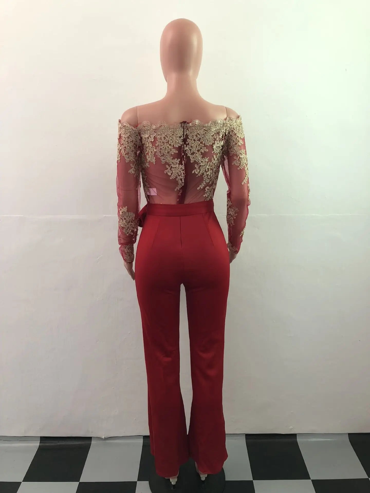 Womens Elegant Off Shoulder Long Pants Wide Leg Jumpsuits Floral Embroidery Lace See Through Cocktail Club Party Evening Rompers