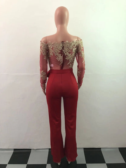Womens Elegant Off Shoulder Long Pants Wide Leg Jumpsuits Floral Embroidery Lace See Through Cocktail Club Party Evening Rompers