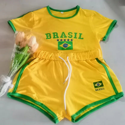 2023 Summer Women Clothing Short Sleeve T-Shirt+Drawstring Shorts 2Pcs Suit Brazil Letter Print Casual Tracksuit Fashion Outfits