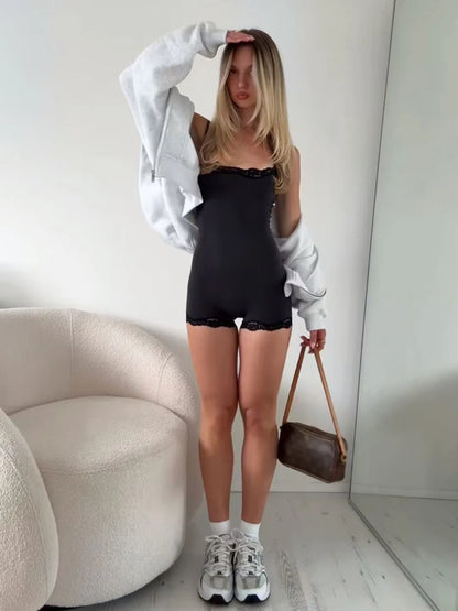 Lace Trim Slim Playsuits Woman High Elasticity Adjustable Strap Skinny Bodysuit Solid Fashion Streetwear Smooth One-piece Tops