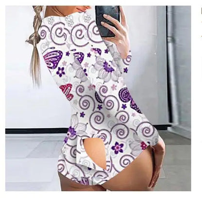 Sexy Pyjama Women's Jumpsuit Suit Button-down Front Back Butt Bum Open Ass Flap Jumpsuit Loungewear Christmas Print Buttoned NEW