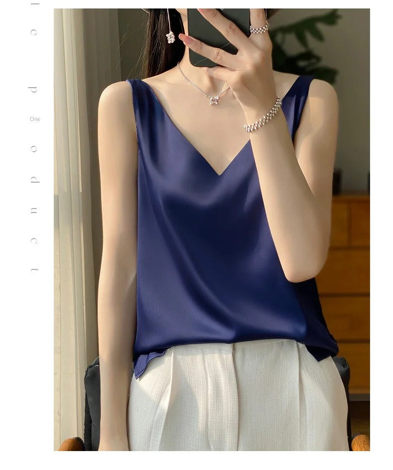 New Lce Silk Satin Camisole Women's Spring/Summer Solid Color Sleeveless Sexy Comfortable Silk Underwear Vest RW-D09