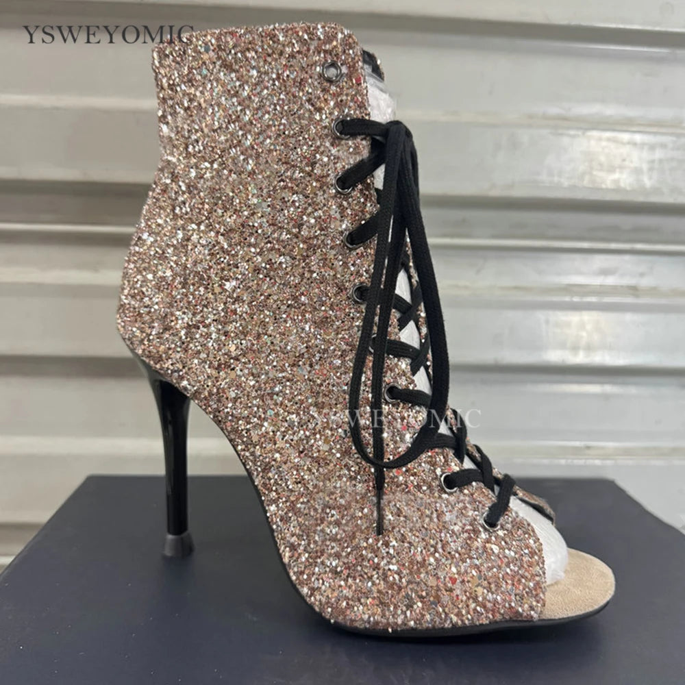 Dance Heels Champagne Black Sparkly Glitter Rubber Sole 10cm Professional High Heel Dance Shoes Salsa Women Dance Party Shoes