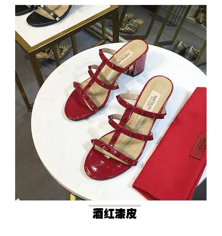Women's Sandals Gladiator Summer With Heels Real Leather Rivets Luxury Brand High-heeled slippers Designer Silver Ladies Shoes