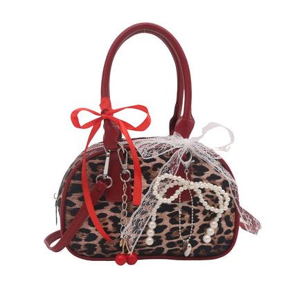 Vintage Leopard Pu Shoulder Bags for Women Portable Trendy Ladies Crossbody Bag Lace Pearl Pendant Female Bowling Handbags