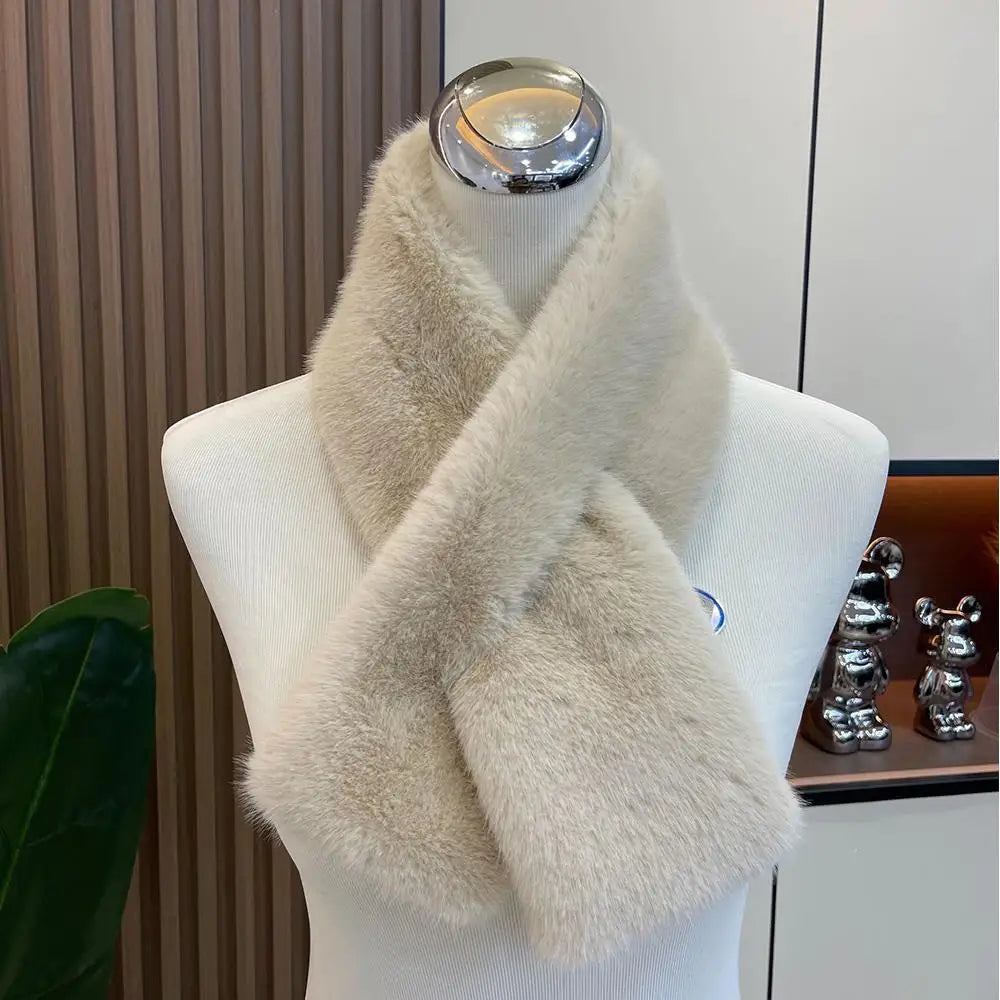 Korean Women Winter Warm Thicken Cross Collar Scarf Imitation Faux Rabbit Fur Scarf Solid Furry Neck Warmer Cold Proof Scarves
