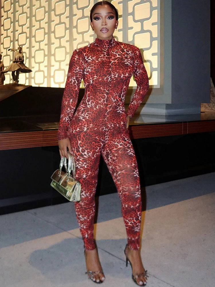 Nibber Hottie Leopard Print Jumpsuits Women Mesh Patchwork Turtleneck Backless Full Sleeve Skinny Peach Hip Hipster Overalls